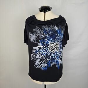 Fashion Bug Blouse Women's XL Black Blue Geo Short Sleeve Ruffle Neckline VTG